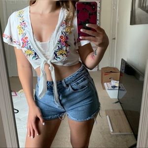 Forever 21 Tie-Front Embroidered Blouse